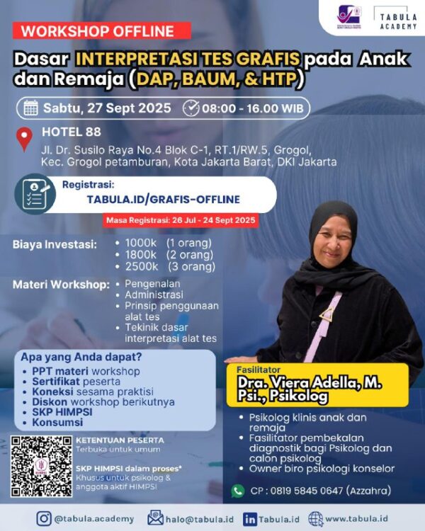 Workshop Offline Dasar Tes Grafis untuk Interpretasi Permasalahan pada Anak dan Remaja (DAP, BAUM, & HTP) SATU TIKET