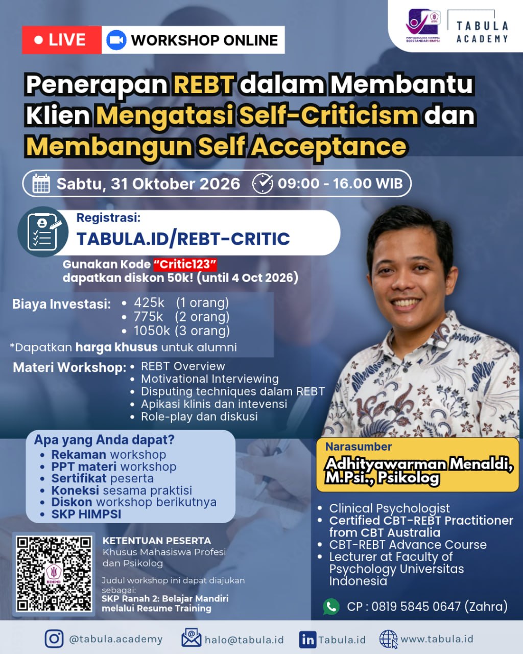 Tabula Workshop – Penerapan REBT dalam Membantu Klien Mengatasi Self-Criticism dan Membangun Self Acceptance